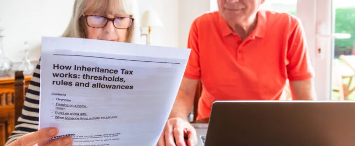 A senior married couple in their 70s study inheritance tax documents sitting down in their living room at home. The couple have serious, worried expressions as they study the information.